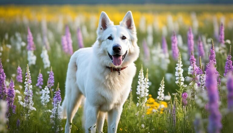 Photo of a Berger Blanc Suisse, a loyal and majestic white shepherd dog with a thick coat and piercing eyes, sitting regally in a green meadow