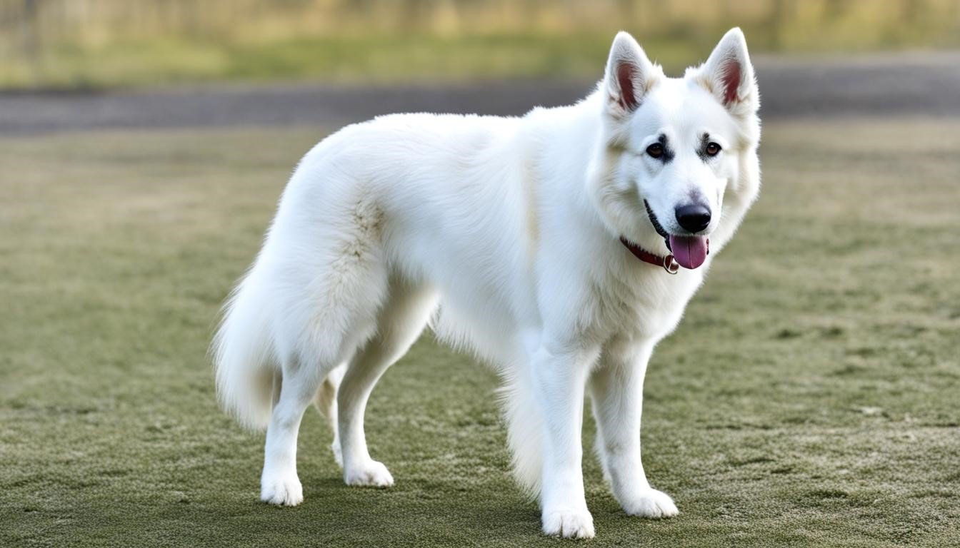 "Berger Blanc Suisse anatomy illustration, showcasing muscular build, athletic physique, and distinctive white coat, highlighting breed characteristics, skeletal structure, and body proportions of the White Swiss Shepherd breed"